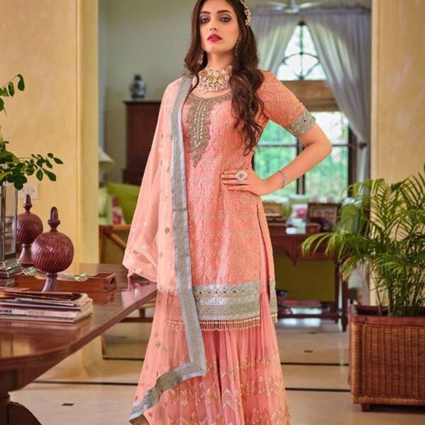 Peach Embroidered Sharara D-429